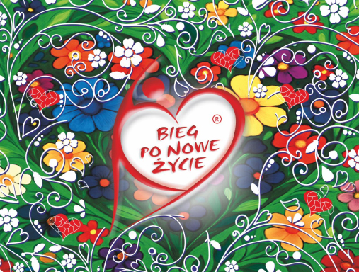Grafika promocyjna 28. Biegu po Nowe Życie w Warszawie 6 września 2025 r. z kolorowym motywem kwiatowego serca i polskim tekstem o transplantologii.